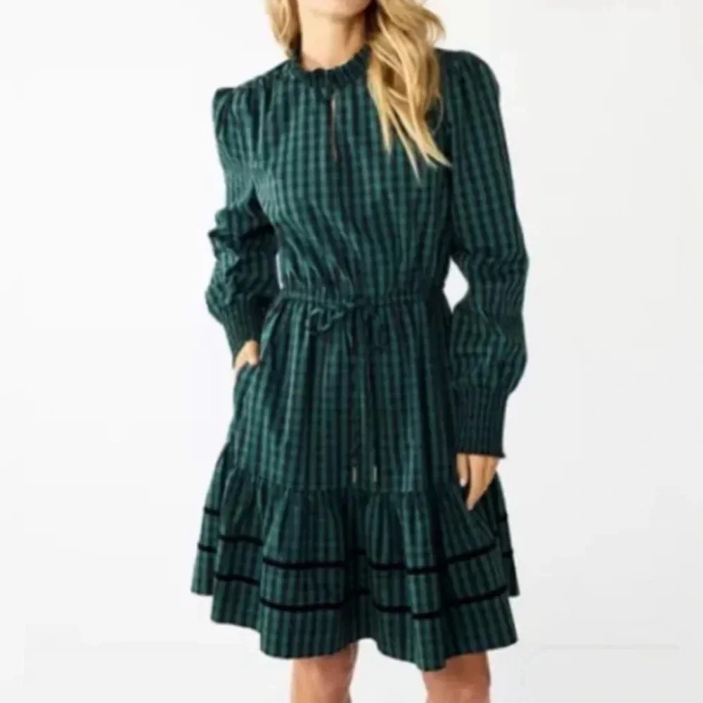Draper James Dark Green Plaid Long-Sleeve Tiered Dress